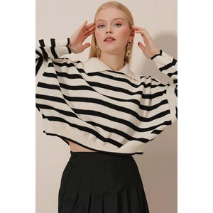 HAKKE Women's Polo Neck Striped Knitwear Blouse