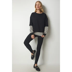 Happiness İstanbul Women's Black Striped T-Shirts, Knitted Sweatshirts