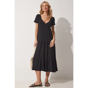 Happiness İstanbul Women's Black Viscose Deep V-Neck Bound Summer Dress