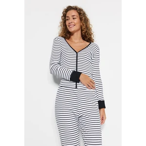 Trendyol Black and White Striped Cotton Cuff and Piping Detailed Tshirt-Jogger Knitted Pajamas Set