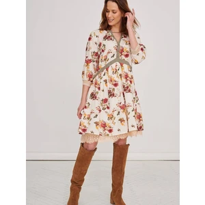 Beige Flared Floral Dress Blue Shadow