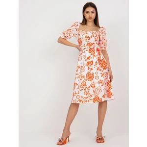 Midi dress with white and orange pattern