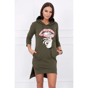 Dress with longer back and colorful print khaki