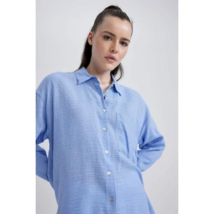 DEFACTO Oversize Fit Shirt Collar Linen Look Long Sleeve Shirt