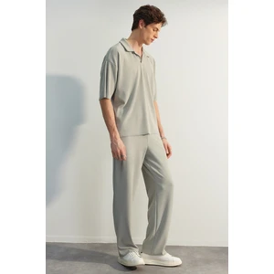 Trendyol Limited Edition Stone Men's Comfortable Cut/Wide Leg Textured Ottoman Hidden Drawstring Sweatpants.