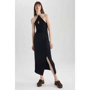 DEFACTO Bodycon Chain Detailed Linen Blend Slit Midi Sleeveless Dress