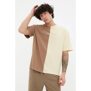 Trendyol Brown Men's Oversize Fit 100% Organic Cotton Crew Neck Block T-Shirt