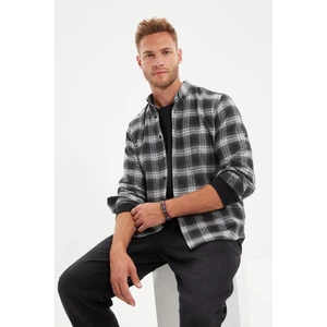 Trendyol Gray Męska koszula Slim Fit z guzikami z długim rękawem Lumberjack Plaid Epaulet Shirt
