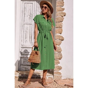 Madmext Green Shirt Collar Long Dress