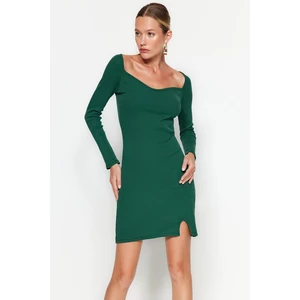 Trendyol Green Corduroy Sweetheart Neck Fitted Long Sleeves Stretchy Mini Knit Dress