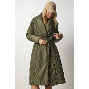 Happiness İstanbul Women's Khaki Belted Shawl Collar Quilted Coat