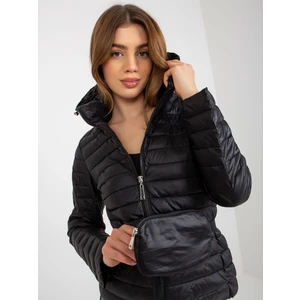 Black transitional quilted jacket with bag and hood