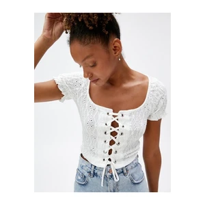 Koton Crop T-Shirt Embroidery Front Tie Detail Short Sleeve Ruffles