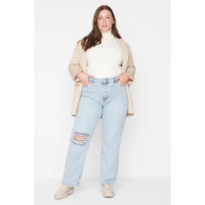 Trendyol Curve Light Blue High Waist Destroyed Bootcut Jeans