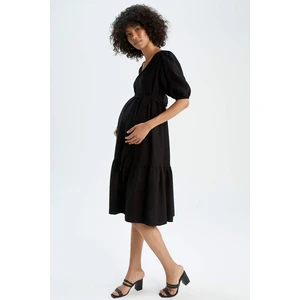 DEFACTO V Neck Half Balloon Sleeves Belted Maternity Dress