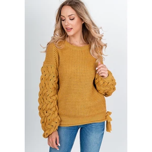 Women's knitted sweater with bows - mustard,