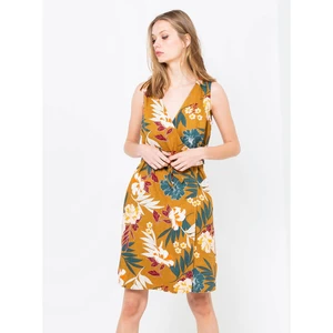 Mustard linen floral dress CAMAIEU - Women