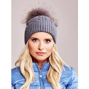 Cap with a braid weave and a fur pompom, dark gray