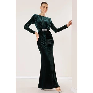 By Saygı Long Velvet Dress with Front Pleated Belt