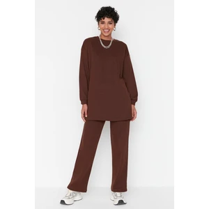 Trendyol Brown Crew Neck Basic Knitted Tracksuit Set