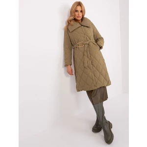 Khaki long winter jacket with stitching