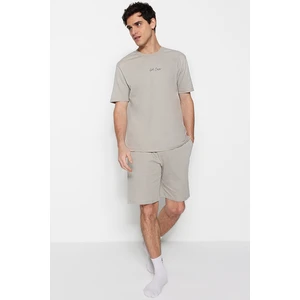 Trendyol Stone Regular Fit Crew Neck Pajama Set with Shorts