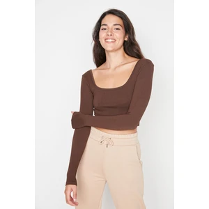 Trendyol Dark Brown Crop Seamless Square Collar Sports Blouse