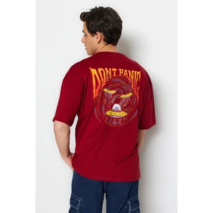 Trendyol Claret Red Men's Oversize/Wide Cut Crew Neck Short Sleeve Space Printed 100% Cotton T-Shirt.