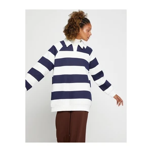 Koton Polo Neck Sweatshirt Oversize Striped Long Sleeve Fleece Inner