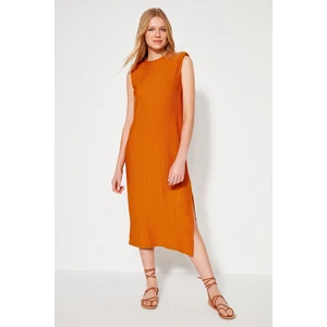 Trendyol Orange Padded Shift/Plain Pleated Midi Knitted Dress