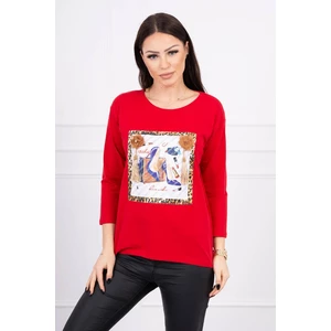Blouse with graphics 3D and decorative pom pom red