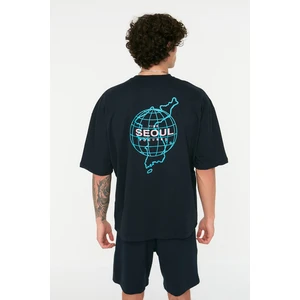 Trendyol Navy Blue Men's Oversized Crew Neck Short Sleeved Far East Printed 100% Cotton T-Shirt