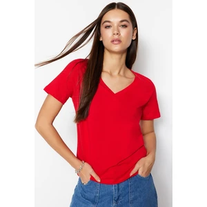 Trendyol Red 100% Cotton Basic V-Neck Knitted T-Shirt