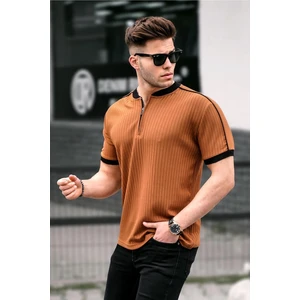 Madmext Camel Zipper Collar Men's Combed Combed Cotton T-Shirt.