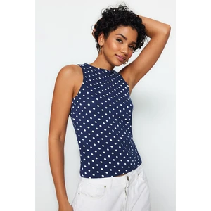 Trendyol Navy Blue Polka Dot Printed Cotton Halterneck Fitted/Slip-On Knitted Singlets