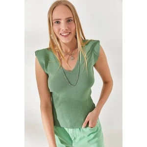 Olalook Women's Turquoise Green Knitwear Blouse With Shoulders And Skirt Detailed Front Back V-Knit