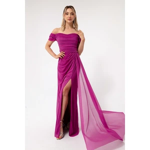 Lafaba Women's Fuchsia Boat Collar Draped Long Glittery Evening Dress with a Slit.