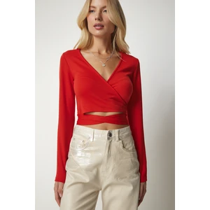 Happiness İstanbul Women's Orange Tie-Down Collar Crop Blouse