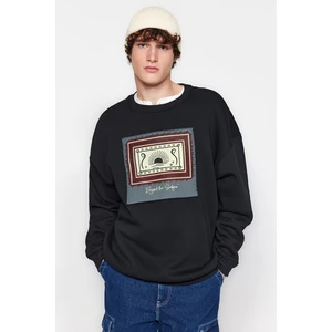 Trendyol Black Oversize/Wide-Fit Crew Neck Long Sleeve Ethnic Appliqued Sweatshirt