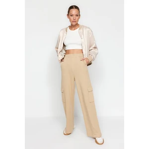 Trendyol Beige Thick Wide Leg / Wide Leg Cargo Pocket Knitted Sweatpants.