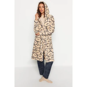 Trendyol Cream Wellsoft Animal Pattern Hooded Knitted Dressing Gown