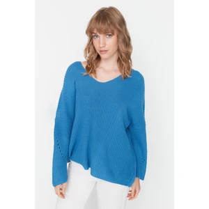 Trendyol Blue Wool Oversized V-Neck Knitwear Sweater