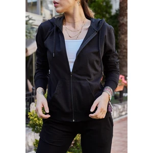 XHAN Women's Black & White Zippered Hoodie Sweat