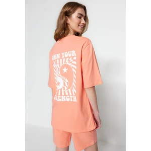 Trendyol Peach Unisex 100% Cotton Motto Printed T-shirt-Shorts Knitted Pajamas Set