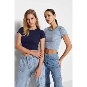 Trendyol Blue Stripe-Navy Blue Plain 2-Pack Fitted Crop Corduroy Knit Blouse