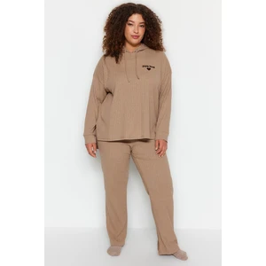 Trendyol Curve Dark Beige Hooded Plain Camisole Plus Size Bottom-Top Suit