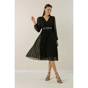 By Saygı Double-breasted Collar Waist Belt, Pleat Lined Chiffon Dress