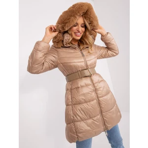 Dark beige women's winter jacket with hood