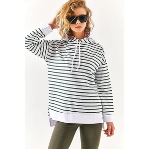 Olalook Women's Khaki White Hooded Striped Sweatshirt with Side Slits