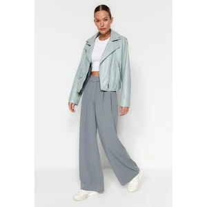 Trendyol Dolphin Gray Belt Velcro High Waist Pleated Wide Leg Knitted Trousers